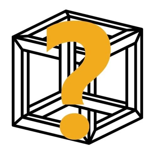 Logo firmy WoodCubed v podobe nemožnej kocky nakreslenej čiernymi čiarami s velkým oranžovým otáznikom znázorňujúci tému otázky a odpovede pre zákazníkov